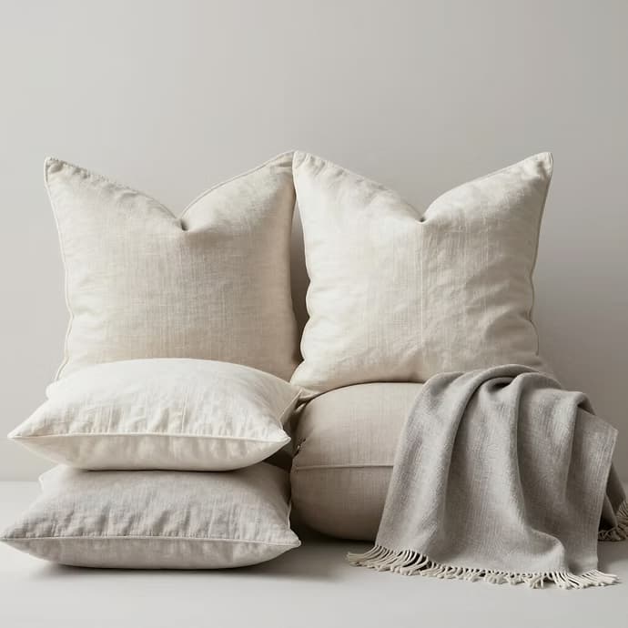 Natural linen cushions with a soft fringed throw