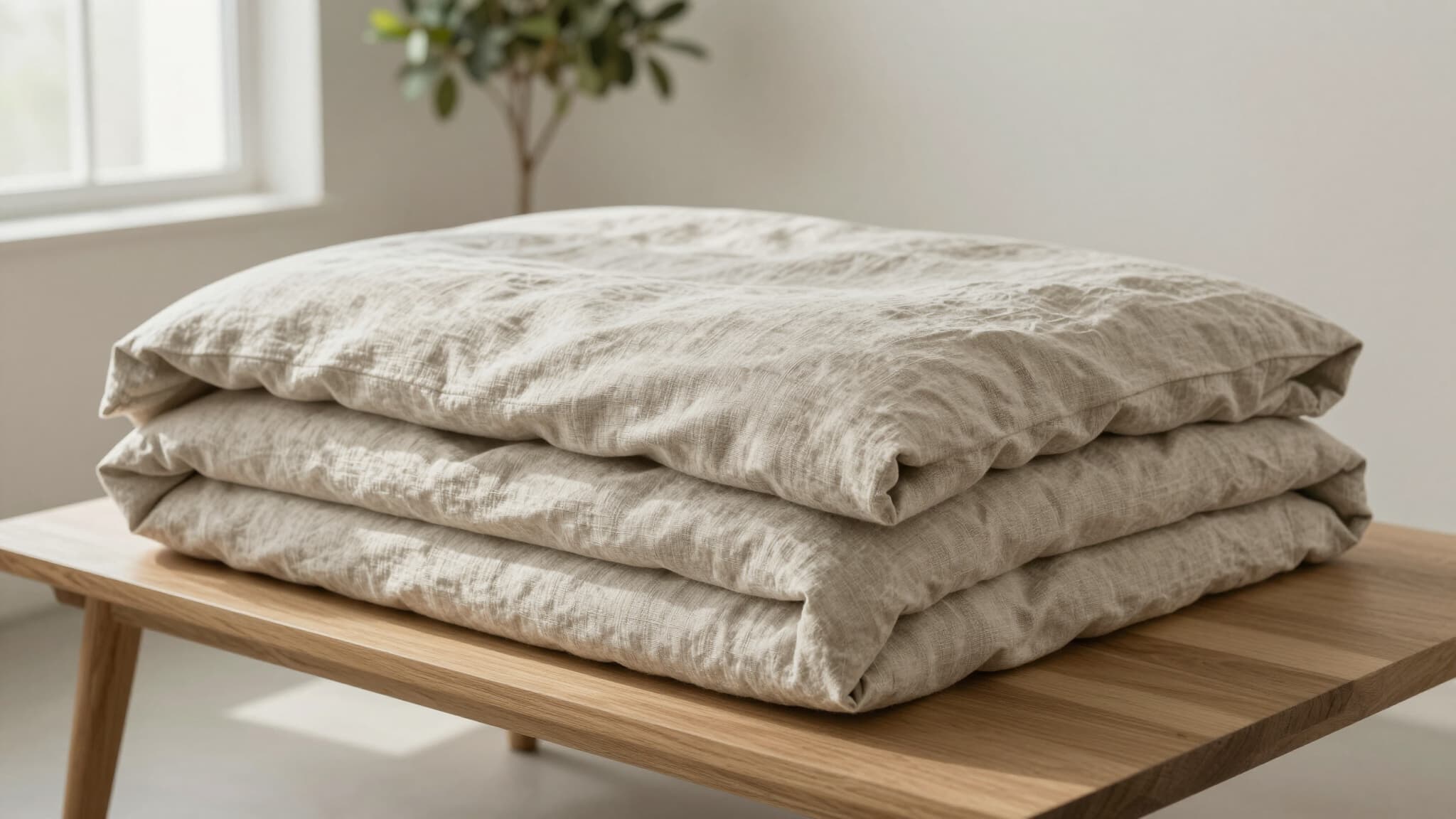 Folded natural linen duvets stacked on a wooden bench