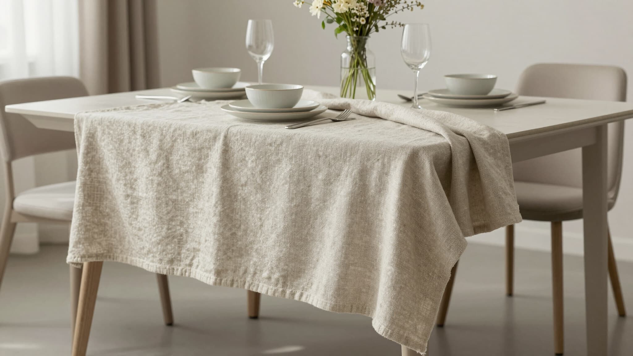 Dining table dressed in a natural linen tablecloth with place settings