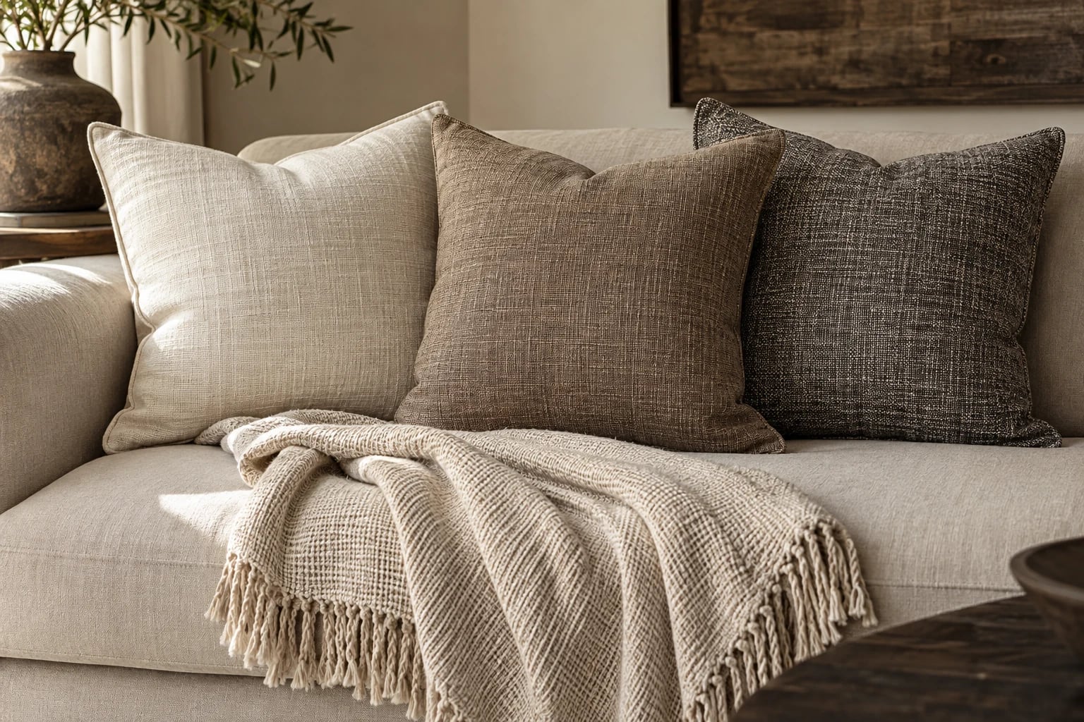 Natural linen cushions with a soft fringed throw