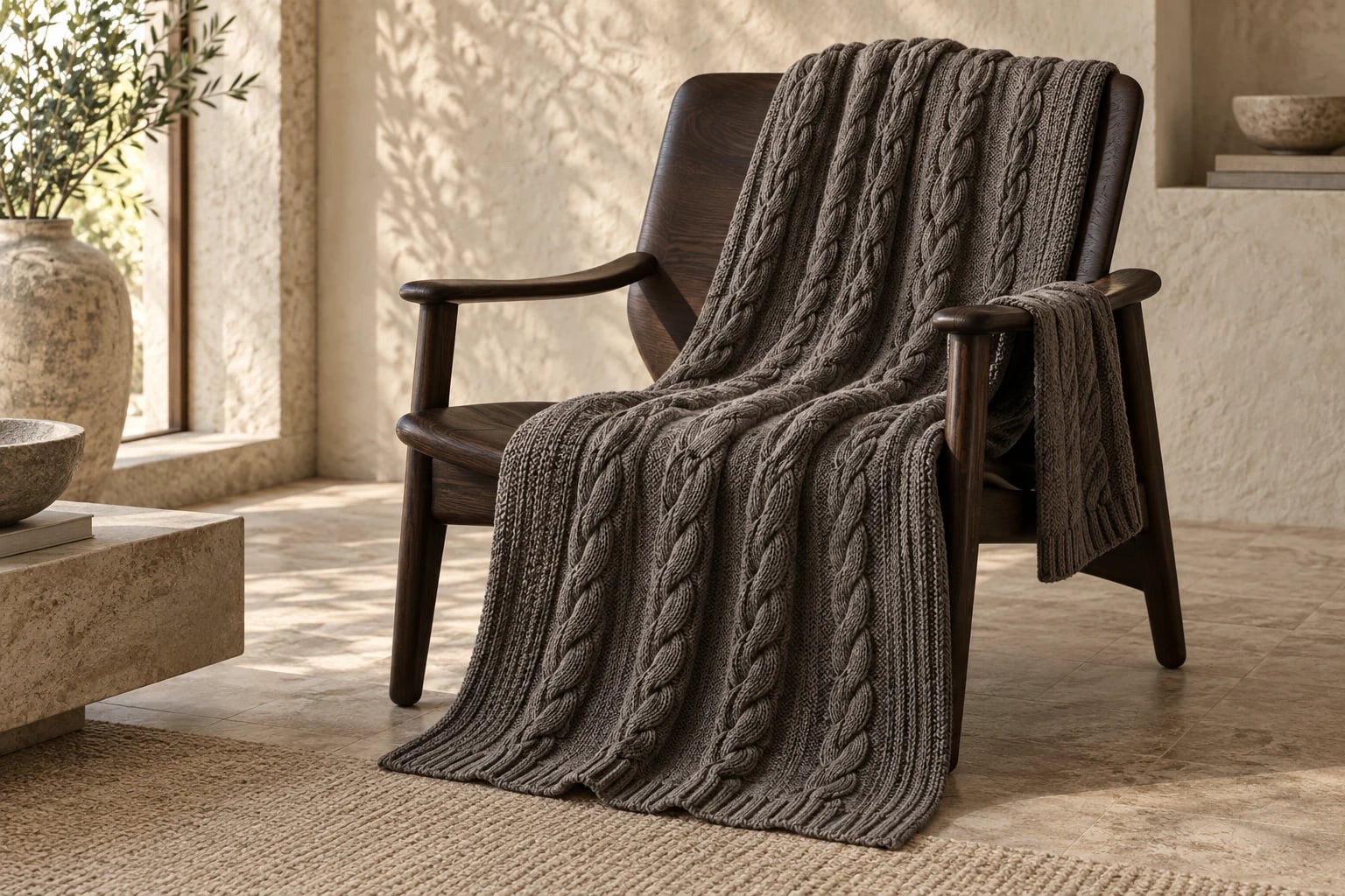 Charcoal cable-knit throw with ribbed edge on an oak chair