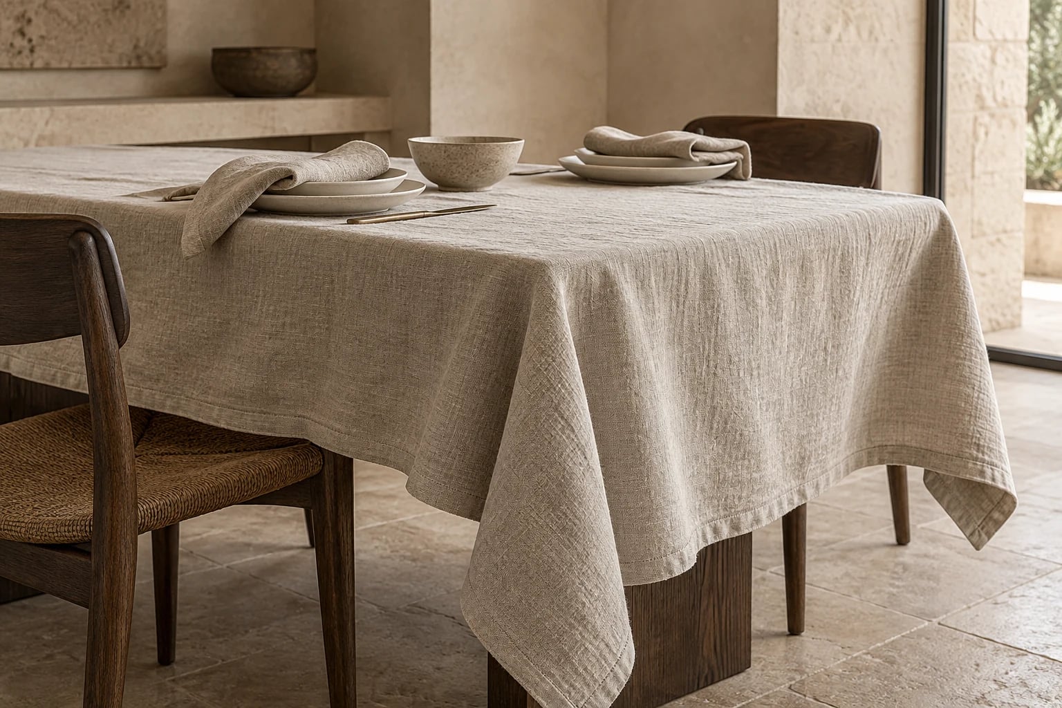 Dining table dressed in a natural linen tablecloth with place settings