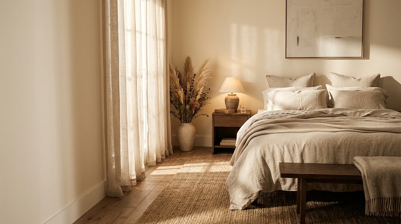 A bed dressed in rumpled natural linen in soft dawn light
